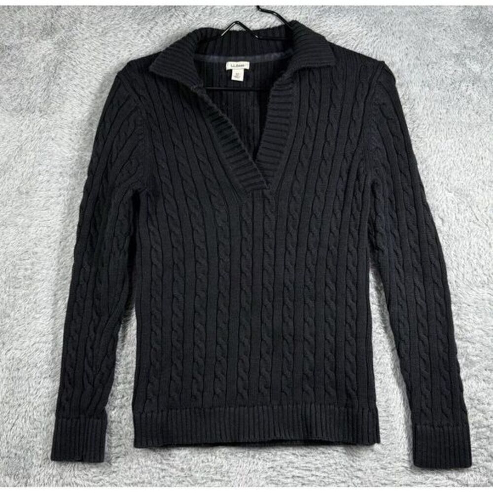 LL Bean Cable Knit Sweater Womens XS Regular V-Neck Black Cotton Heavy Casual